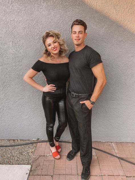 Couple Costumes Grease, Grease Couple Halloween Costumes, Sandy Halloween Costume Grease, Greasers Halloween Costume, Danny Sandy Costume, Sandy Grease Halloween Costume, Greasers Couple Costume, Couples Costumes Greese, Sandy And Danny Grease Costume