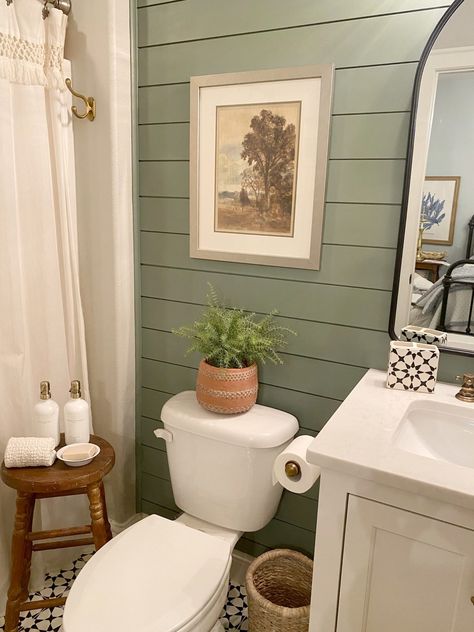 Sage Green Decorating Ideas, Sage Shiplap Bathroom, Small Bathroom Painted Vanity, Sage Half Bath, Sage Shiplap, Farmhouse Bathroom On A Budget, Sage Bathroom Ideas, Sage Green Bathroom Ideas, Bathroom Wall Colors