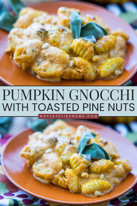 Creamy Pumpkin Gnocchi with Toasted Pine Nuts and Sage Pumpkin Gnocchi Sauce, Pine Nuts Recipes, Pumpkin Alfredo Sauce, Pumpkin Alfredo, Pine Nut Recipes, Vegetarian Pasta Dishes, Pumpkin Gnocchi, Healthy Pasta Dishes, Savory Pumpkin Recipes