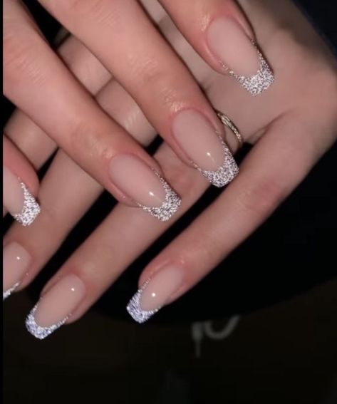 Glittery Silver French Tip, Glitter French Manicure Square, French Gliterry Nails, Ballerina Nails French Tip Glitter, Glittery French Tip Nails Square, Sparky French Tip, Jan 2024 Nails, Silver Nails Ombre, White Sparkly French Tips