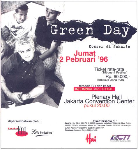 poster konser Green Day di Indonesia tahun 1996 Poster Konser, Green Day, Cd, Indonesia, Festival, Concert, Memes, Music, Movie Posters