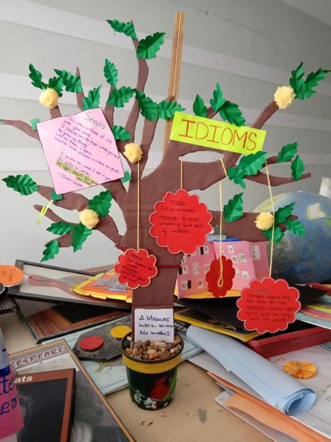 A poem having idioms -tree model Idioms Project Ideas, Teaching Models For English, English Models, Conversation Ideas, Kids Science Fair Projects, Middle School Science Activities, Diy Crafts For School, English Project, Exhibition Ideas