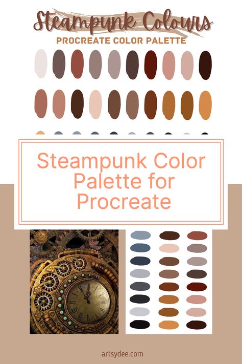 Steampunk Colour Palette, Steam Punk Color Palette, Steampunk Digital Art, Steampunk Palette, Acnh Steampunk, Steampunk Moodboard, Steampunk Color Palette, Steampunk Diy Costume, Steampunk Painting