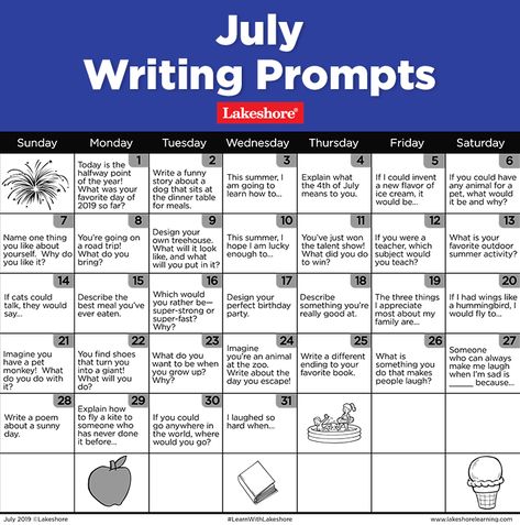 Our July writing prompts are available now—perfect for giving kids something fun to write or discuss each day! #writingprompts