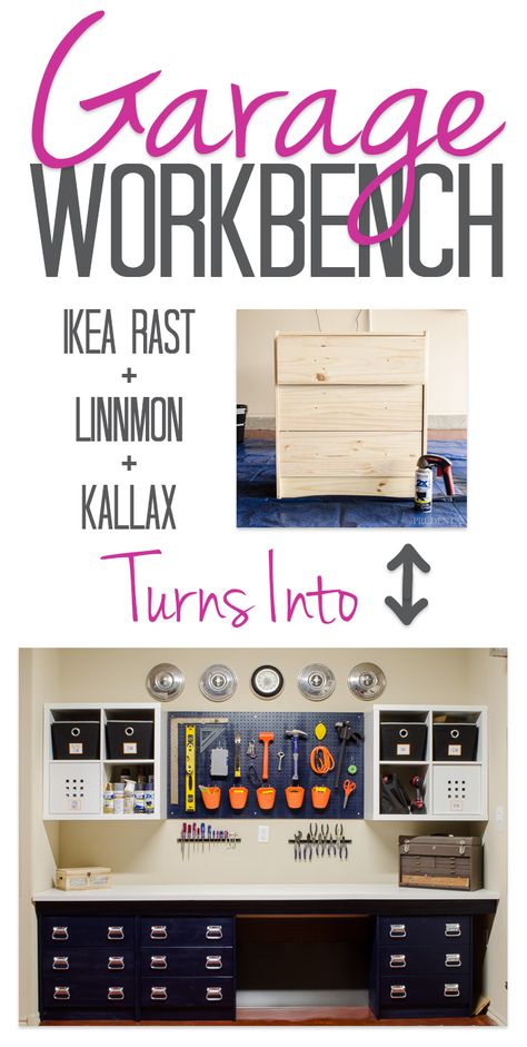 Our DIY work bench was put together with IKEA supplies to keep the price low. Using RAST dressers, LINNMON table tops, and KALLAX shelves let us customize the perfect space on a budget. Recreate this workbench to get your garage organized! Workbench Diy, Diy Garage Work Bench, Garage Workbench, Garage Organize, Diy Workbench, Garage Work Bench, Ikea Malm, Diy Garage Storage, Diy Ikea Hacks