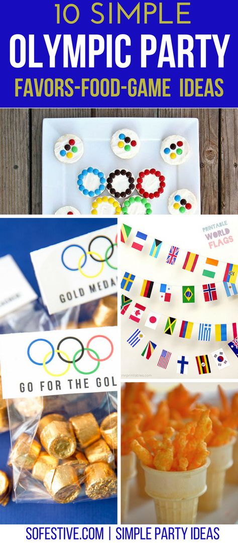 10 Simple-Olympic-Party-Ideas - Olympic Games- Olympic party games- party favors- teacher appreciation gift ideas Teacher Appreciation Olympics, Olympic Party Favors, Olympic Theme Teacher Appreciation, Olympics Watch Party, Olympic Teacher Appreciation Week, Olympics Classroom Theme, Olympic Decorations Diy, Olympic Party Food, Olympic Party Games