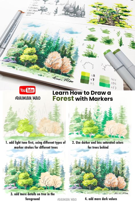 Draw Forests with Markers Tutorial video Youtube Marker Background Art, Drawing Trees With Markers, Ohuhu Landscape, Forest Marker Drawing, Nature Marker Drawing, Copic Landscape Sketch, Ohuhu Markers Art Tutorial, Marker Landscape Drawing, Colored Marker Art