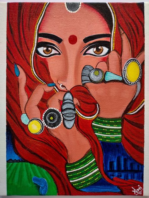 Easy Rajasthani Paintings, Rajasthani Women Drawing, Rajasthani Women Painting, Rajasthani Folk Art Painting, Indian Acrylic Painting, Indian Art Paintings Galleries, Indian Folk Art Painting, Art Mini Toile, Rajasthani Painting