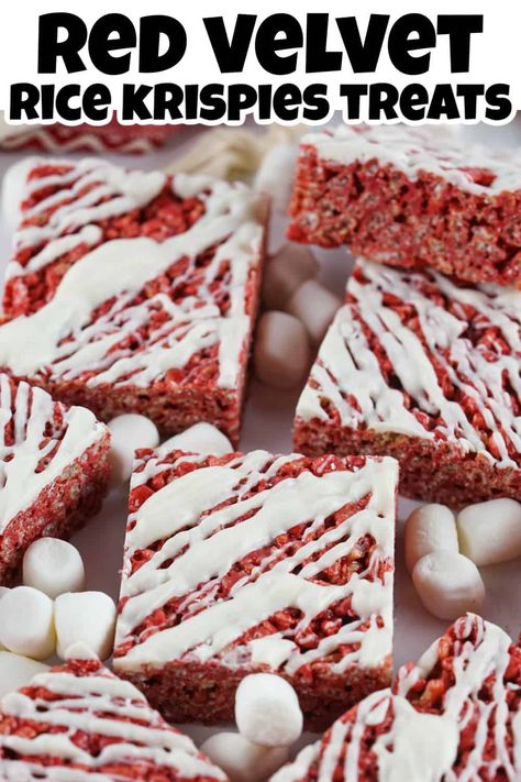 Turn a classic cake flavor into these decadent Red Velvet Rice Krispie Treats! Creamy marshmallows and crunchy rice cereal combine with the delicious flavors of red velvet for the perfect dessert. Great for Valentine’s Day or even Christmas! Red Velvet Rice Krispie Treats, Holiday Dessert Drinks, Velvet Desserts, Crunchy Rice, Homemade Rice Krispies Treats, Edible Recipes, Red Velvet Desserts, White Chocolate Drizzle, No Bake Cherry Cheesecake