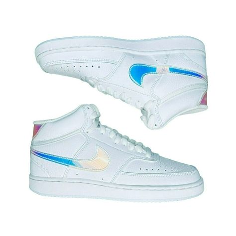 New Sz 9.5 Women's Nike Court Vision Mid White Iridescent Fd0819-100 Retro Shoes Unique, Rare, Discontinued Retro, Boho, 90's, 80's, Old-Shool, Back-To-School, Classic, Basketball, Leather, Swoosh, Comfortable, Durable Meet The Nike Court Vision Mid, An Everyday Classic That Echoes B-Ball Shoes Of The '80s. Soft Leather And A Crisp White Colorway Keep These Sneakers Sleek And Fresh While Iridescent Backtabs And Swoosh Logos Add A Touch Of Shine For Stand-Out Style. Benefits Real And Synthetic Le Nike Court Vision Mid, Nike Court Vision, Court Vision, White Running Shoes, Nike Tennis Shoes, Retro Shoes, Nike Air Huarache, Air Huarache, Nike Air Max 270