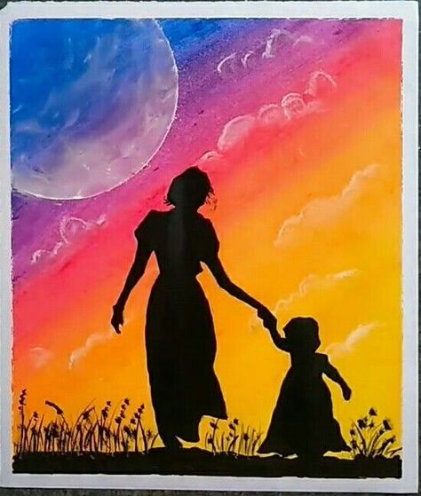 Mother Daughter Silhouette Painting, Mother Daughter Acrylic Painting, Mom And Daughter Painting Ideas, Mother And Daughter Painting Ideas, Mother Daughter Canvas Painting Ideas, Mother Daughter Art Painting, Mothers Day Drawings Ideas Art Projects, Easy Meaningful Paintings, Mother’s Day Paintings On Canvas