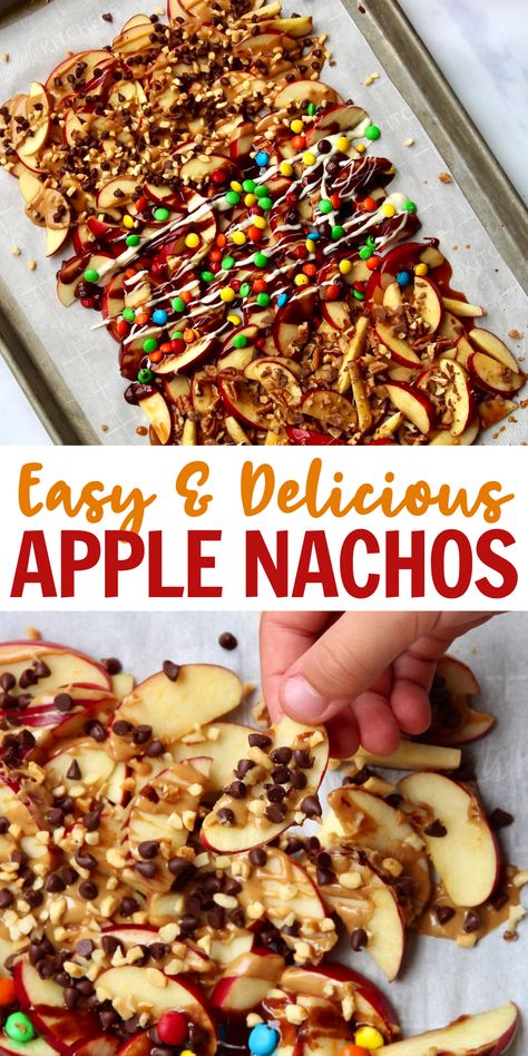 Satisfy your sweet tooth with these fun and yummy Apple Nachos made three ways! They’re so easy to make and taste so great for a snack or dessert that everyone will enjoy! #applenachos #easysnack Different Nacho Ideas, Candy Apple Nachos, Fall Apple Nachos, Carmel Apple Nachos Sheet Pan, Caramel Apple Nachos Recipe, Apple Nachos Bar, Apple Snack Ideas, Apple Nacho Bar, Fall Snack Ideas