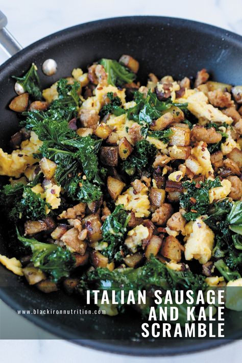 Italian Sausage + Kale Scramble — Black Iron Nutrition | Nutrition & Training Coaching Eggs And Kale, Sausage And Kale, Sausage Kale, Med Diet, Gf Breakfast, Sausage Potatoes, Kale Recipes, Easy Lunch Recipes, Sausage And Egg