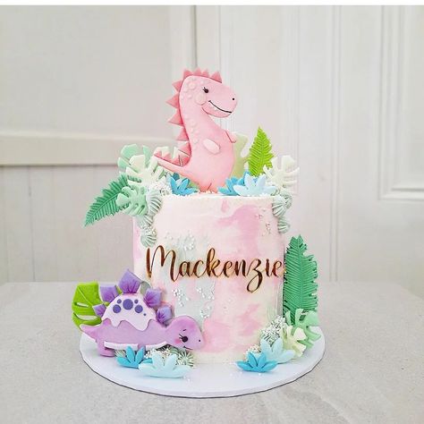 Dinosaur Cake Ideas, Cute Dinosaur Cake, Pink Dinosaur Party, Girly Birthday Cakes, Girl Dinosaur Party, Girl Dinosaur Birthday, Girls 3rd Birthday, Dino Cake, Dinosaur Cake Toppers