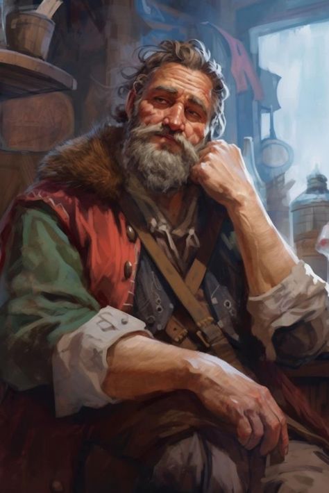 Kaleb Retired Adventurer Dnd, Farmer Character Design Male, Tavern Keeper Fantasy Art, Dnd Merchant Art, Fantasy Merchant Aesthetic, Fantasy Npc Art, Fantasy Shopkeeper, Dnd Fisherman, Merchant Concept Art