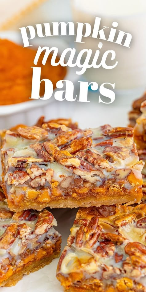 Pumpkin Cookie Bars Easy, Recipes With Ginger Snaps Desserts, Halloween Squares Dessert, Pumpkin Spice Magic Bars, Pumpkin Dessert Bars Recipes, Canned Pumpkin And Sweetened Condensed Milk, Pumpkin Spice Magic Cookie Bars, Pumpkin 7 Layer Magic Bars, Punkin Bars Recipe