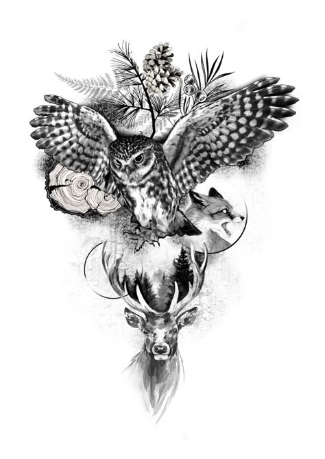 Fox Tattoo Sleeve Women, Herne The Hunter Tattoo, Animal Leg Tattoos Women, Deer Skull Tattoo Design, Animal Sleeve Tattoo For Women, Hirsch Tattoo Frau, Buck Tattoo, Deer Skull Tattoos, Deer Tattoo Designs