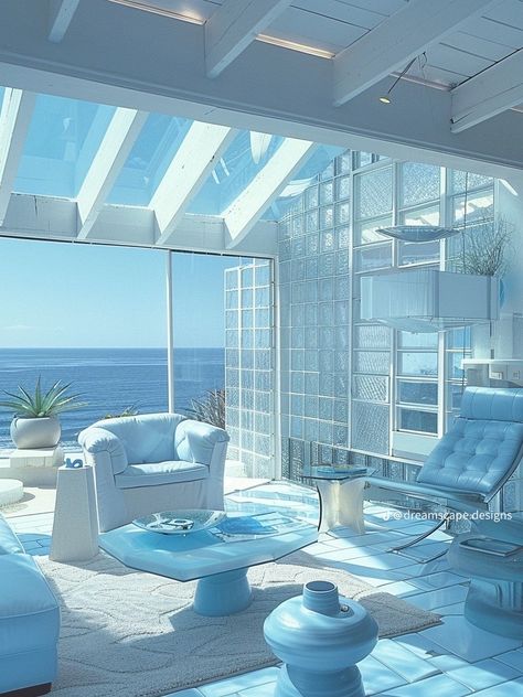 Cybercore Interior, Frutiger Aero Interior, Frutiger Aero House, Underwater House Aesthetic, Y2k Futurism Aesthetic Room, Light Blue Futuristic Aesthetic, 80s Interior Design, Dreamscape Architecture, 80s Interior