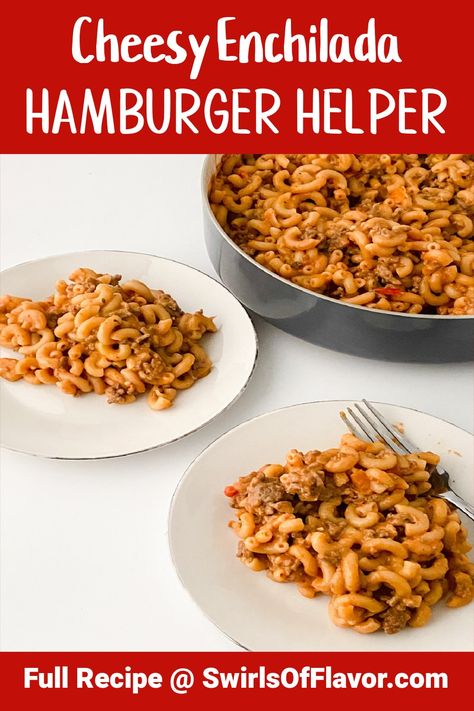 Cheesy Enchilada Hamburger Helper is a homemade ground beef recipe. Flavorful mexican-style spices and enchilada sauce give this ground beef recipe its Mexican flavors. #hamburgerhelper #groundbeef #weeknightdinner #swirlsofflavor Copycat Cheesy Enchilada Hamburger Helper, Mexican Hamburger Helper, Hamburger Helper Cheesy Enchilada Recipe, Cheesy Enchilada Hamburger Helper, Enchilada Hamburger Helper, Homemade Ground Beef, Hamburger Helper Recipes, Cheesy Enchiladas, Beef Enchilada Recipe