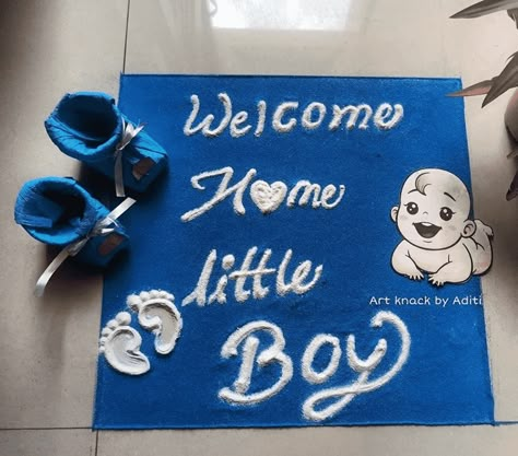 New Born Baby Welcome Decor Ideas, Naamkaran Decoration Ideas At Home, Baby Welcoming Ideas, Welcome Baby Rangoli, Baby Welcoming Decoration, Baby Welcome Rangoli, Baby Boy Decorations Welcome, Baby Coming Home Decorations, Welcome Baby Decoration Ideas At Home