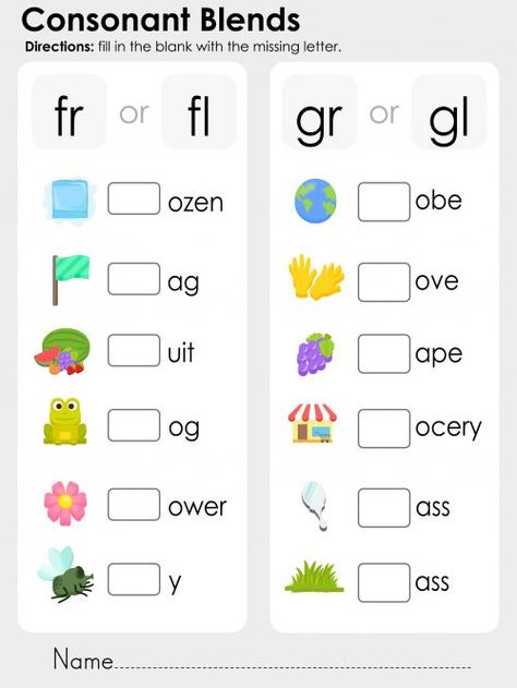 Help your child improve their reading and writing skills with this free, phonics printable that features the consonant blends fr, fl, gr, and gl. Students must identify what the picture is, and use the rest of the letters to figure out what consonant blend goes at the beginning of the word. What other words does your child know that start with these consonant blends? Read more at http://kidspressmagazine.com/phonics/worksheets/misc/consonant-blends-fr-fl-gr-gl.html#cM53BI6HYTxXL0To.99 #phonics, Blends Kindergarten, Consonant Blends Worksheets, Ingles Kids, Digraphs Worksheets, Blends Activities, Phonics Blends, Letter Blends, Blends Worksheets, Blending Sounds