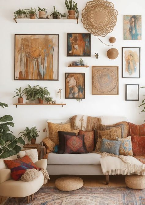 How To Style Living Room Walls, Boho Bedroom Gallery Wall, Above Couch Decor Boho, Above Couch Wall Decor Eclectic, Cream Couch Boho Living Room, Neutral 70s Living Room, Nomad Living Room, Wall Art Boho Living Room, Muted Eclectic Decor