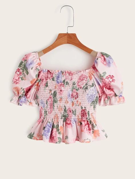 SHEIN Girls Floral Print Shirred Bodice Ruffle Hem Top | SHEIN USA Floral Puff Sleeve Top, Lace Blouse Design, Kids Summer Dresses, Fancy Tops, Ootd Outfits, Causal Outfits, Trendy Fashion Tops, Floral Peplum, Tops Fashion