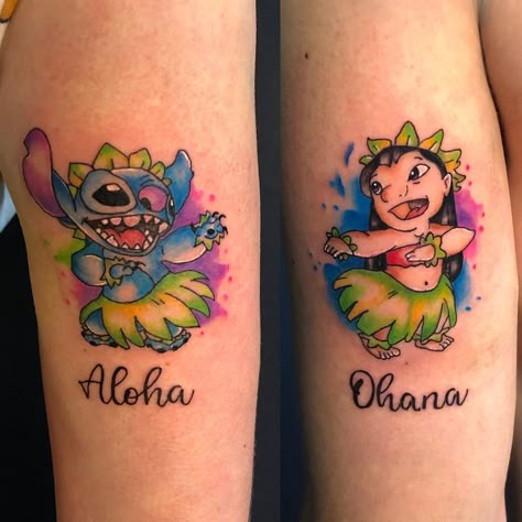 Lilo & Stitch #liloandstitch #liloandstitchtattoo #lilo #lilotattoo #stitch #stitchtattoo #cartoontattoo #watercolor #watercolortattoo… | Instagram Mother Daughter Tattoos Lilo And Stitch, Stitch Tattoo Ideas Best Friend, Lilo And Stitch Tattoo Matching, Lilo And Stitch Tattoo Ideas, Disney Couple Tattoos, Lilo And Stitch Tattoo, Disney Stitch Tattoo, Ohana Tattoo, Matching Bff Tattoos