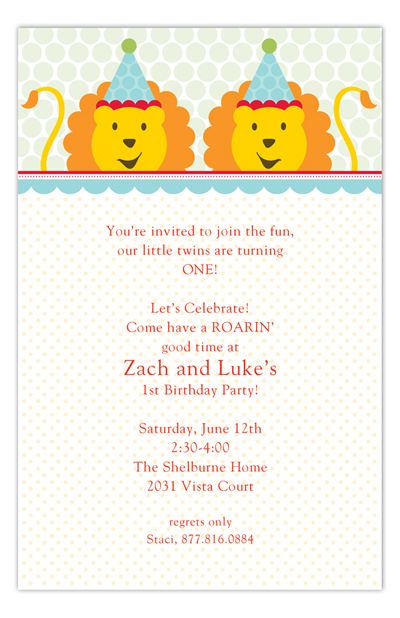 Replace lions with elephants Twin Birthday Invitations, Carnival Birthday Invitations, Birthday Party Invitation Wording, Twins Baby Shower Invitations, Twins Birthday, Polka Dot Background, Kids Birthday Party Invitations, Twin Birthday, Carnival Birthday