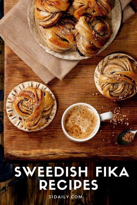 Fika, a Swedish tradition of coffee and amazingly delicious sweet treats. A custom that's more about the gathering than it is the coffee. A Swedish occurrence that feeds the soul as well as the body. Nordic Dessert Recipes, Swedish Coffee Bread, Swedish Recipes Desserts, Swedish Pastry Recipes, Swedish Fika Recipes, Swedish Baked Goods, Scandinavian Baked Goods, Swedish Smorgasbord Ideas, Swedish Baking Recipes