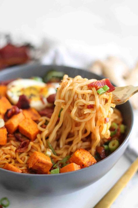 Roasted Sweet Potato Bacon Red Curry Ramen Red Curry Ramen, Curry Potatoes, Curry Broth, Sweet Potato Bacon, Curry Ramen, Potato Bacon, Cold Weather Comfort Food, Sweet Potato Spinach, Roasted Sweet Potato