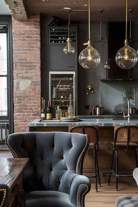 Loft Kitchens, Moody House, Cosy Pub, Industrial Chic Kitchen, Colored Walls, Industrial Kitchen Design, Timeless Interior, Rustic Home Design, Interiors Dream