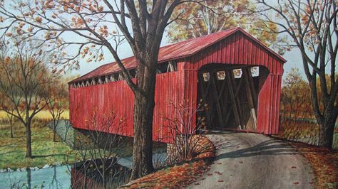 Vintage COVERED BRIDGE Fine Art Watercolor by Robert T Hayes Autumn Bridge, Covered Bridge Painting, Autumn Covered Bridge, Old Bridge Painting, Coca Cola Poster, Indiana Covered Bridges, Bridge Painting, Landscape Decor, Coca Cola Vintage