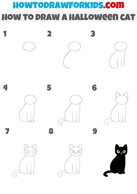 Cat Doodle Step By Step, Cute Things To Draw Easy Doodles Step By Step, How To Draw A Black Cat Step By Step, Halloween Cat Painting Easy, Halloween Art Tutorials, How To Draw A Halloween Cat, Halloween Cat Drawing Easy, How To Draw A Kitten Step By Step, Easy Draw Halloween