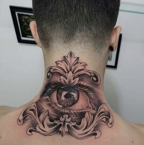 Eye Neck Tattoo Men, Eye Tattoo On Neck, Eye Tattoo Neck, Back Neck Tattoo Men, Eye Neck Tattoo, Back Of Head Tattoo, Neck And Throat Tattoos Men, Back Of Neck Tattoo Men, Aztec Tattoos Sleeve