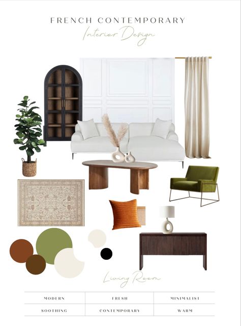 Mid Century French Country, Mid Century French Interior, Modern Parisian Living Room Cafe, Parisian Mid Century Apartment, Parisian Color Palette French Style, Parisian Mid Century Modern, Contemporary Moodboard, Parisian Modern Bed, Contemporary French Interior