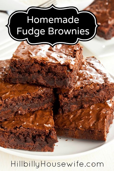 Fudge Brownie Recipe | Hillbilly Housewife. These are the best from scratch brownies we've ever made. Brownies Recipe Homemade 9x13, Cake Like Brownies Recipe Homemade, Fast Brownie Recipe, 9x13 Brownies, 9x13 Brownie Recipe, Simple Brownies, Macncheese Recipe, Scratch Brownies, Homemade Fudge Brownies