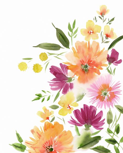 Title: "Fields of Flourish Joy" | Expressive Watercolor Floral Print | Kids Room Decor | Nursery Art | Home Decor by Stephanie Ryan Description: "Fields of Flourish Joy" is a vibrant and fun watercolor floral print that brings a burst of color and joy to any space. Featuring loosely painted flowers in bright shades of pink, magenta, orange, and yellow, this expressive artwork is perfect for kids' rooms, nurseries, and home decor. The lively floral design captures the essence of a blooming field, Expressive Watercolor, Diy Canvas Art Easy, Loose Watercolor Flowers, Fun Watercolor, Watercolor Flower Background, Cards Watercolor, Vintage Flowers Wallpaper, Sketchbook Illustration, Watercolor Floral Pattern