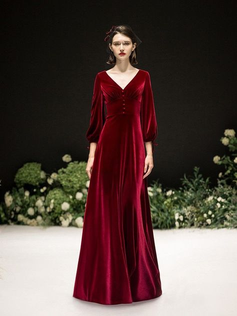 Modest Velvet Dress, Velvet Gown Styles, Velvet Gowns Evening Dresses, Velvet Dress Designs Gowns, Red Velvet Dresses, Red Velvet Gown, Brown Velvet Dress, Velvet Dresses Outfit, Velvet Long Dress