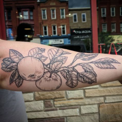 Crab Apple Tattoo, Apple Tree Branch Tattoo, Apple Branch Tattoo, Apple Core Tattoo, Peach Tree Tattoo, Apple Tree Tattoo, Apple Tree Branch, Tree Tattoo Arm, Halloween Tattoos Sleeve