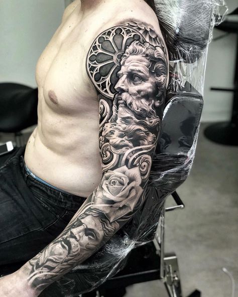 Amazing artist Lil B Hernandez @lilbtattoo awesome renaissance sculptures gospel window tattoo sleeve! #lilbtattoo #tattooing #france #french #bordeaux #poseidontattoo #poseidon #blackandgrey #tattooing #socal #rome #paris #awesome #sleevetattoo #europe #sun #tattoosleeve #armtattoo #tattoos #tattooed #paris #tattooed #inked #photorealism #realism #3d #tattoo #tattoosleeve #ink #sleeve #gospel #architecture #arm God Sleeve Tattoo, Lil B Tattoo, Forearm Tattoos For Men, Zeus God, Tattoo Maker, Statue Tattoo, Full Sleeve Tattoo Design, Forarm Tattoos, Religious Tattoos