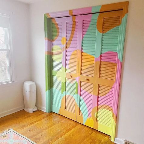 10 DIY Closet Door Ideas to Enhance Your Home | Family Handyman Closet Repainting Ideas, Diy Art Closet, Peel And Stick Wallpaper Bifold Closet Doors, Paint Door Ideas Creative, Painting On Closet Doors, Kids Closet Door Ideas, Colorful Closet Doors, Kids Closet Doors, Painted Lockers Ideas