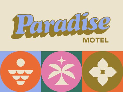 Retro Beach Graphic Design, Retro Logo Design 70s, 70s Branding Graphic Design, Beach Branding Design, Hawaii Graphic Design, Groovy Logo Design, Retro Logos 70s, Paradise Logo Design, Motel Branding