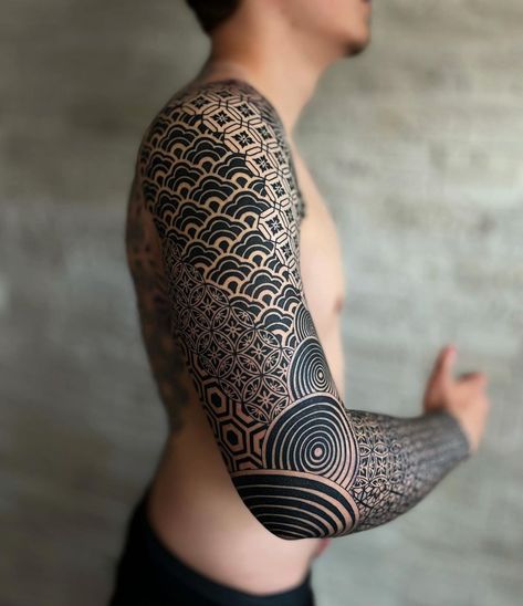 Done at @inkbuzz On @manuriem Thanks again for the trust ! . . . . . . . #tattoosleeve #geometry #geometrictattoo #geometrictattoos… Zentangle Tattoo Sleeve, Japanese Geometric Tattoo Sleeve Designs, Japanese Geometric Tattoo, Tattoo Inner Bicep, Geometric Tattoo Sleeve Designs, Left Arm Tattoos, Mandala Tattoo Sleeve, Geometric Sleeve Tattoo, Forearm Band Tattoos