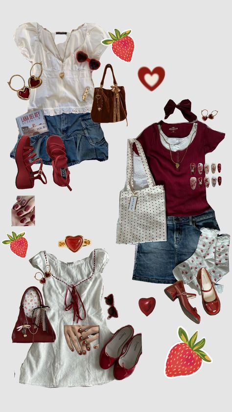 ♡spring fits red ver.♡ #springoutfits #red #white #snowhite #bows #cute #outfit #outfits #summer White With Red Outfit, Red Spring Outfit, Strawberry Inspired Outfit, Red And White Outfit Aesthetic, Red White Outfit, Red And White Outfit, Red And White Outfits, Strawberry Summer, Spring Fits