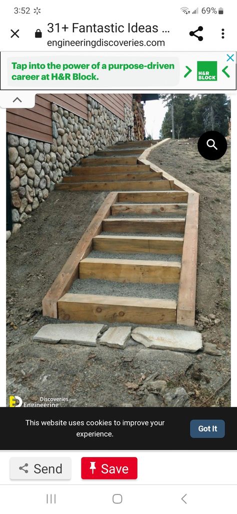 Walk Way Ideas For Outside, Outside Stairs Ideas, Hillside Stairs, Deck Landing, Interior Steps, Parrot Aviary, Steps Garden, Pallet Walkway, Sloped Backyard Landscaping