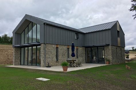 Barn Conversion Exterior, Zinc Cladding, Flat Roof Extension, Roof Cladding, Zinc Roof, Exterior House Remodel, House Cladding, Contemporary House Exterior, Roof Extension