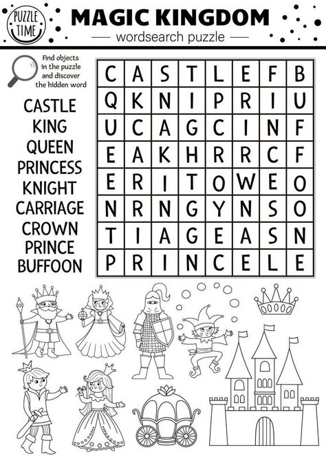 Vector fairytale black and white wordsearch puzzle for kids. Magic kingdom crossword or coloring page with fantasy creatures. Activity with knight, castle, princess, king. Fairy tale cross word Fairy Tale Word Search, Fairytale Worksheets, Fairy Tale Crafts For Kids, Fairytale Coloring Pages, Fairytale Activities, Fairy Tales Activities, Teach Abc, Princess Activities, Cross Word