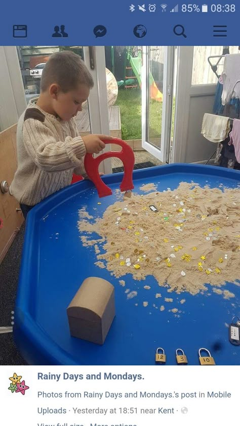 The Big Ship Sails Tuff Tray, Pirates Tuff Tray Ideas, Pirates Eyfs Activities, Eyfs Seaside Topic, Sand Tray Eyfs, Beach Role Play Eyfs, Beach Eyfs Activities, Pirate Eyfs, Beach Eyfs