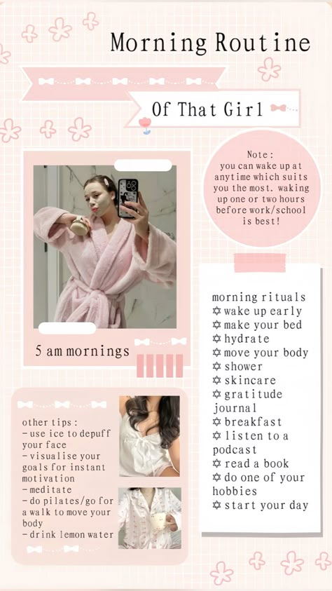 #thatgirl #itgirl #routine #morning #morningroutine #morningrituals #pinkaesthetic #whiteaesthetic #notes #collage #thatgirlguide #wonyoung #wonyoungism #healthymorning #itgirlguide Motivational Morning Routine, Barbie Morning Routine, Wonyoung Routine, Wonyoungism Daily Routine, Wonyoungism Routine List, Wonyoungism Summer Routine, 6 Am Morning Routine, Princess Morning Routine, Wonyoung Outfit Ideas